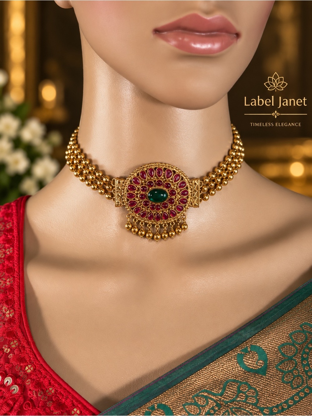 Gold-Tone Pearl Choker Necklace with Red and Green Stones